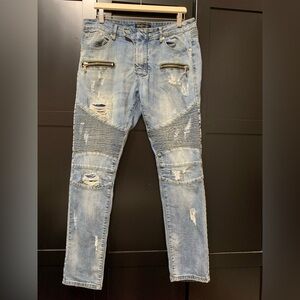 Balmain 34 men’s biker Light Blue Distressed Skinny Jeans luxury designer